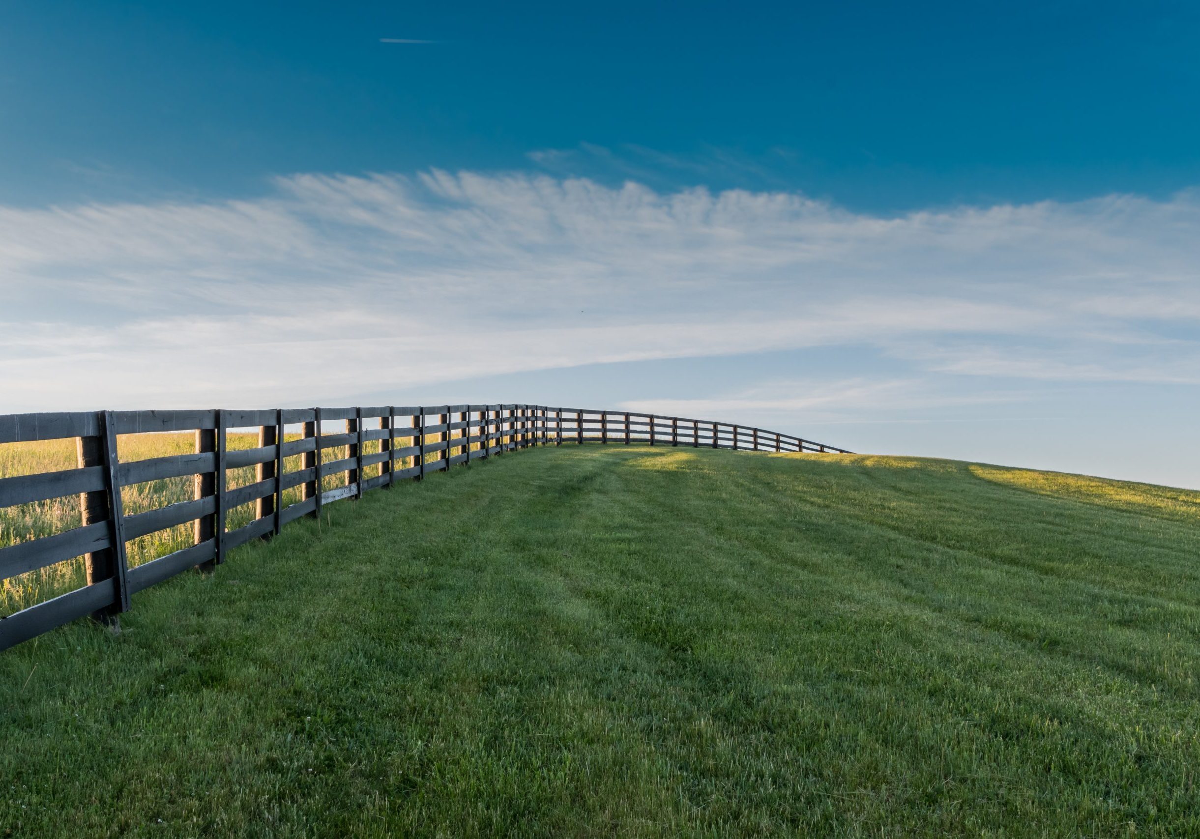 Black Fence Leads Over Grassy Hill in Summer
